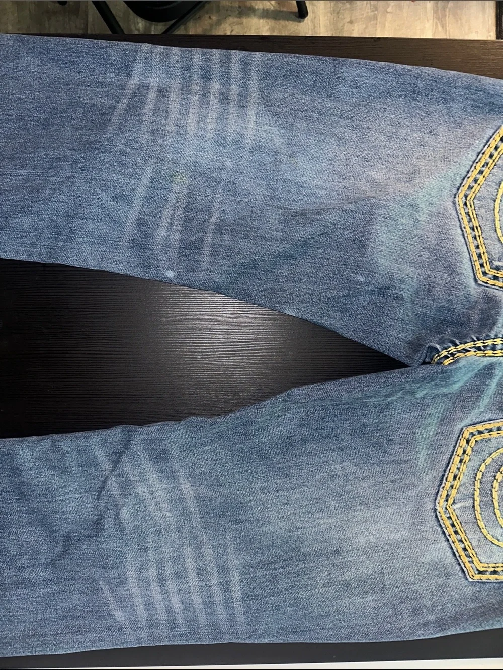 True Religion Men's Blue Jeans with Yellow Contrast Stitching